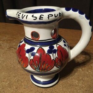 VINTAGE ITALIAN PUZZLE JUG DRINK IF YOU CAN BLUE BROWN WHITE LEAVES
